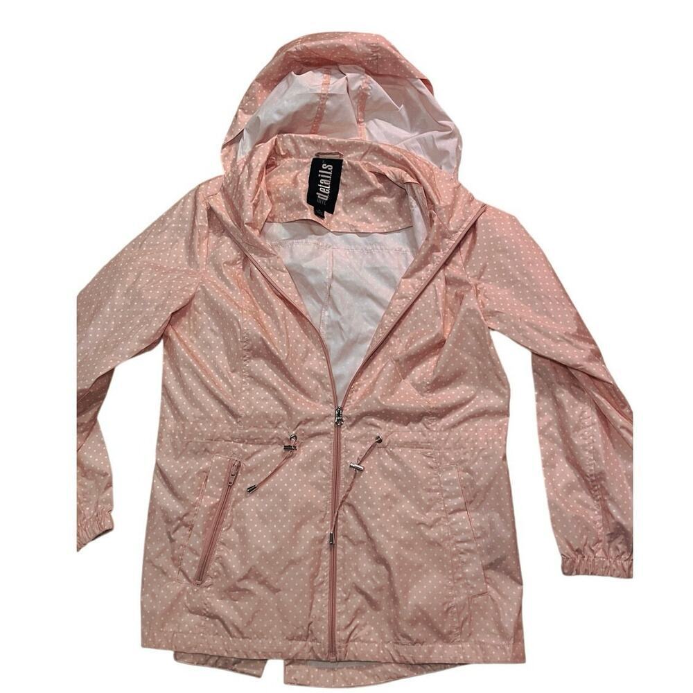 INTL d.e.t.a.i.l.s Pink Polka Dot Packable Rain Jacket Hooded Parka Medium
